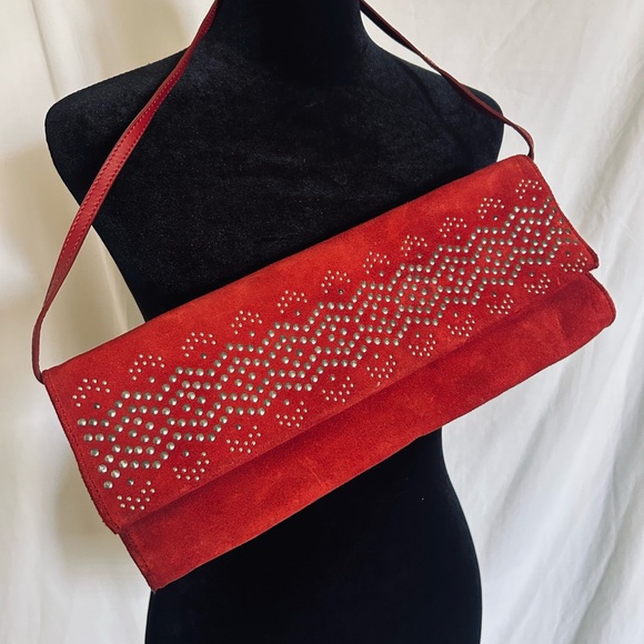 Red Suede Clutch with Intricate Decorative Band - Picture 1 of 8